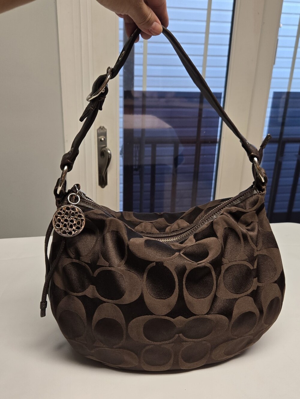 Y2K Coach Ali Signature Sateen Hobo Bag Brown Canvas Leather Purse 13642